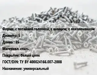 Шуруп с потайной головкой, с шлицем, с наконечником 5х35 сталь белый цинк ГОСТ: ТУ BY 400024166.007-2008 универсальный